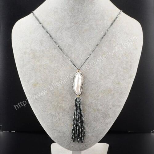 BOROSA Natural FreshwaterPearl rhinestone hematite Tassel necklace 29" natural hematite beads necklace gems jewelry women JAB387