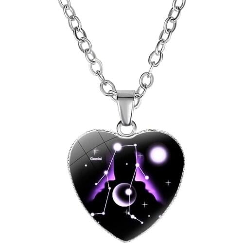 Heart Shaped 12 Zodiac Sign Necklaces For Women Simple Glass Constellation Pendant chains Fashion Birthday Jewelry
