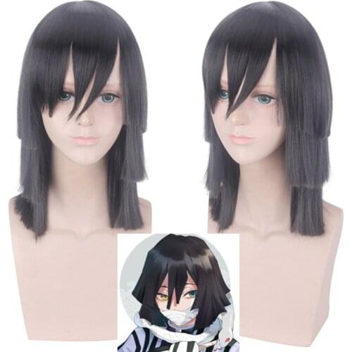 Anime Demon Slayer: Kimetsu no Yaiba Iguro Obanai Cosplay Wigs Black Heat Resistant Synthetic Hair Wig + Wig Cap