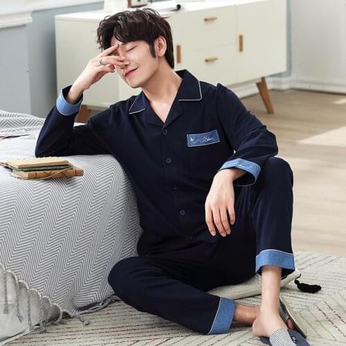 4XL 2021 New Men Pajamas Solid Cotton Long Sleeve Casual Home Clothes Suit Men Nightwear Plaid Pajamas Set Men Bodysuit Winter