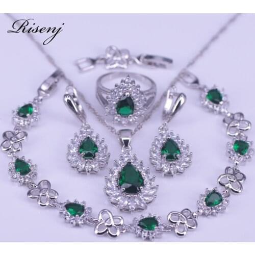 Russian Hot Sale Pear Green Zircon 925 Sterling Silver Jewelry Set For Women Earrings Ring Necklace Bracelet Set Bridal Jewelry