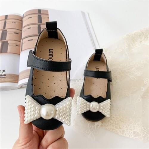 CAPSELLA KID Girls Leather Shoes 1-6 Years Princess Sweet Bow-knot Pearl Bowtie Kids Flats New Non-Slip Single Shoes Size 21-30