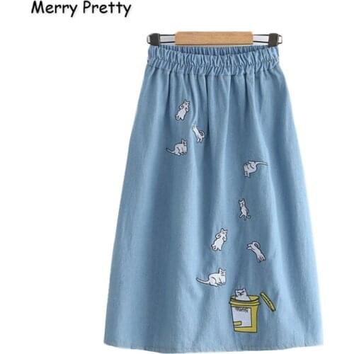 Merry Pretty Denim Womens Cartoon Cat Embroidery Denim Skirts 2019 Autumn Elasticity Waist Mini Skirts Femme Girl Jeans Skirt