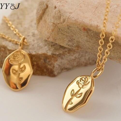 Oval rose pendant gold necklace for women stainless steel elegant minimalist dainty necklace sweater fashion 2021