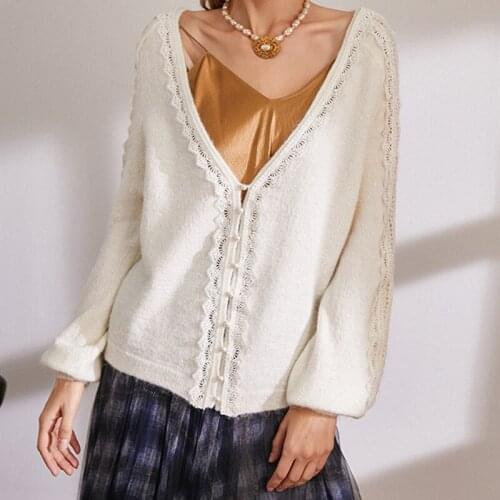 White Black Sweater Women Lace Hollow out V-neck Early Autumn Knit Cardigans