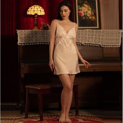 Women Summer Mini Dress NightGown Thin Ice Silk Satin Lace Flower Suspender Back Hollow Out Sexy Nightdress Champagne Color