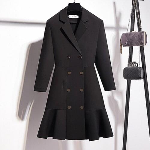 SURUFENG Womens Fashion Street Temperament Elegant Office Lady Double Breasted Button Notched Knee-Length Blazer Dress S- 3xl