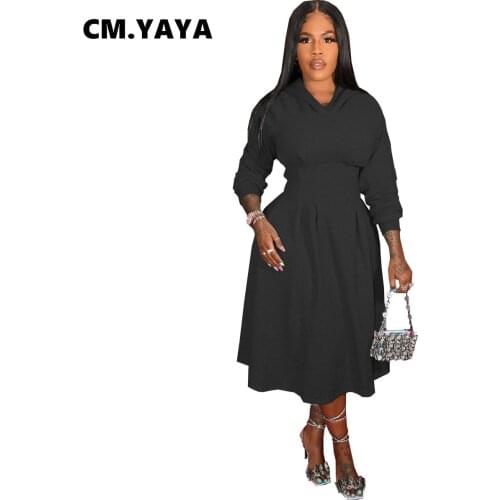 CM.YAYA Women Midi Dress Solid Zip Full Sleeve Hooded Collar Elastic Waist A-line Dresses Vintage Fashion Vestidos Autumn Winter