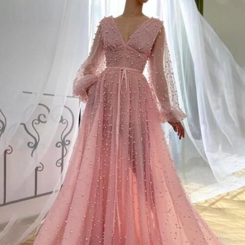 V-neck Cap Sleeves Pink Pearls Material Long Sleeve Prom Dress Empire See Through Sexy Evening Dress vestido de graduacion