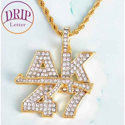 Gold Color Bling AK47 Rhinestone Pendants Letters Submachine Gun Men Women Rock Jewelry Necklaces Hip Hop Chains