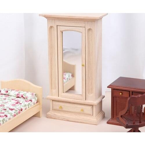 1 Pc 1:12 Dollhouse Miniature Wood Wardrobe With Mirror Cabinet Furniture Accessories Pretend Play Toy