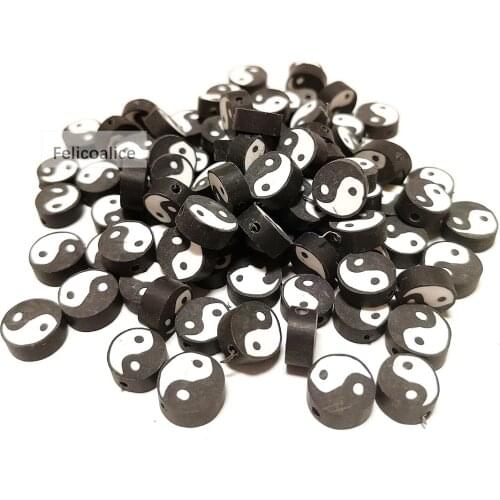 20pcs 10mm Black Tai Chi Design Polymer Clay Spacer Loose Beads for Jewelry Making DIY Bracelet Accessories