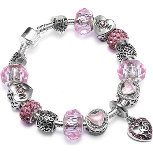 High Quality Heart Charms Beads fit Silver color Bracelet Crystal Beads Bracelets & Bangles for Women Fashion Jewelry Gift