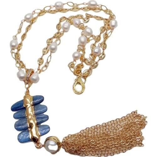 YYGEM 2 Strands gold filled link chain Blue Kyanite Tassel Pendant white freshwater Pearl statement Necklace 18"