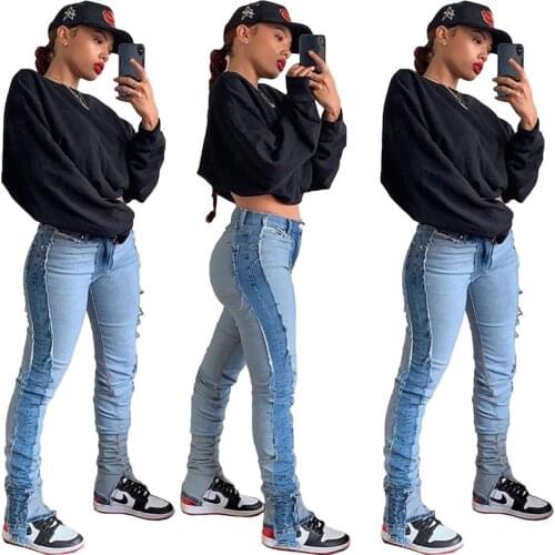 Patchwork Jeans Women Stacked Jeans High Waist Bodycon Stretch Slip Hem Denim Boyfriend Trousers Pants Wholesale Dropshipping