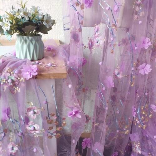 Purple embroidered lace fabric,3DChiffon flower dress sewing material,patchwork cloth