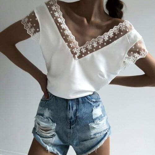 2021 Sexy Tops Women Short Sleeve Loose T Shirt Summer Ladies Casual V-neck Tees Top Pure Color Lace Patchwork T-Shirt