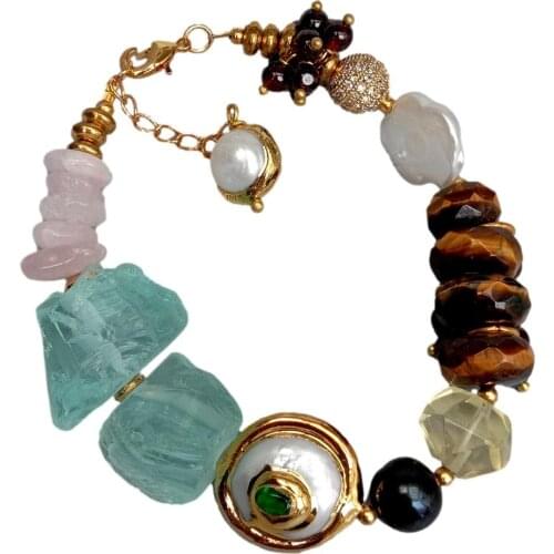 KKGEM natural Cultured White Freshwater Pearl Tiger Eye Rose Quartz Garnet Bracelet 8" handmade for women