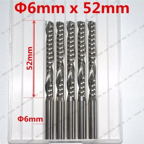 6mm*52mm,5pcs,Free shipping 1 Flute End Mill,CNC machine milling Cutter,Solid carbide woodworking tool,PVC,MDF,Acrylic,wood