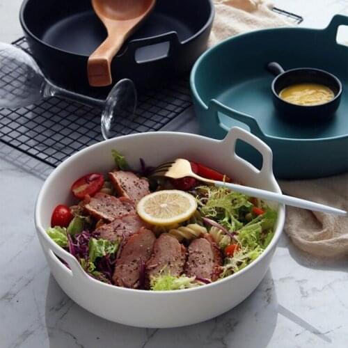 9inch Creative Ceramic Salad Bowl with Double Handle Extra Deep Porcelain Serving Dish for Fruit Nuts Vegetable Plate Tableware