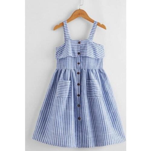 Menoea Baby Dress Summer 2021 Girls Casual Vintage Blue Suspender Strapless Sleeveless Single-Breasted Double Pocket Dresses