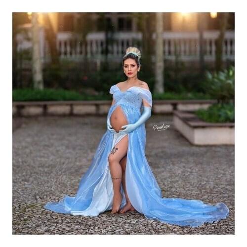 Cute Princess Maternity Gowns Cap Sleeves V Neck Front Split Long With Train Custom Made Light Sky Blue Pregnancy Gown