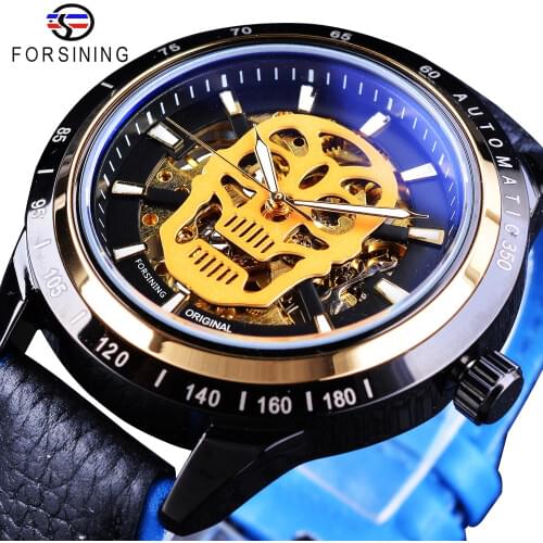 Forsining Black Blue Genuine Leather Sport Racing Adventure Series Skull Mens Automatic Watch Top Brand Luxury Water Resistant