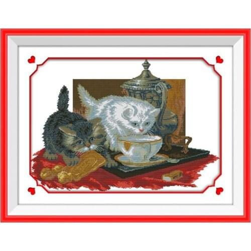 The two tea drinking cats cross stitch kit 14ct 11ct patterns count print canvas stitching embroidery DIY handmade needlework
