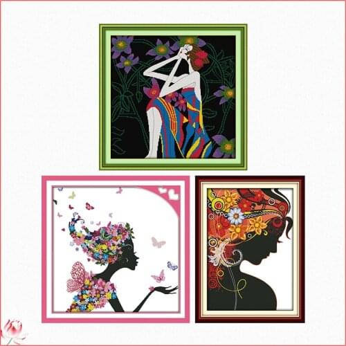 Flower woman Cross Stitch Kit Joy Sunday Stamped Patterns 11CT 14CT Counting Printed Craft Embroidery Sewing Decoration Gift Set
