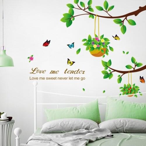 Butterflies Tree Branch Fresh Green Leaves Wall Stickers for Living Room Kitchen Nursery Home Decoration Pegatinas