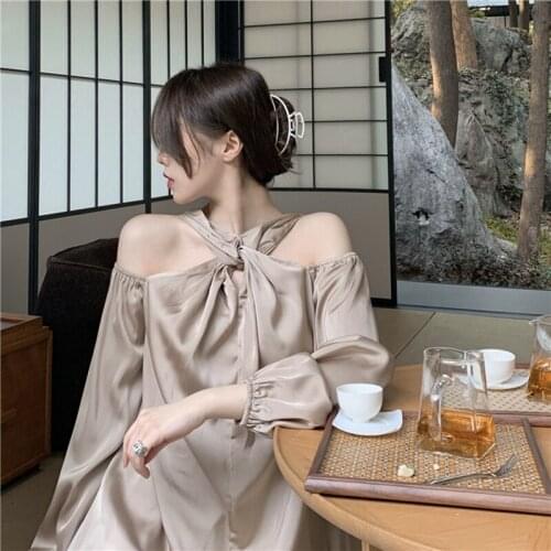 European Spring New Retro Design Niche Off-the-shoulder Cross Halter Long Sleeve Loose Shirts Women Tops Fashion Streetwear 2021