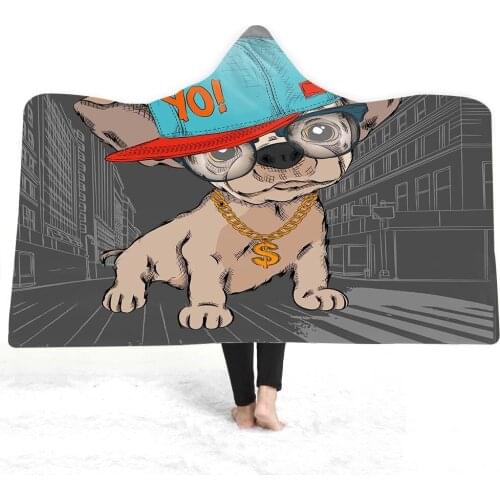 Custom Hooded Blanket Super Soft Sherpa Fleece Throw Blanket Cartoon Animals Dogs Plush Throw Wrap Teens Wearable Blanket