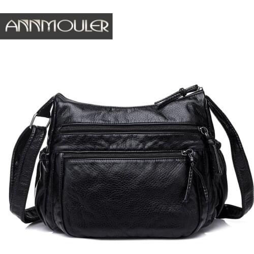 Annmouler Brand Women Bags Pu Leather Shoulder Bag Soft Washing Leather Crossbody Messenger Bag Black Double Zipper Casual Bags