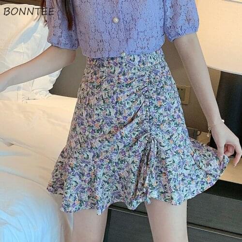 Skirts Women Trumpet Floral Printed Mini Slim Ruched Drawstring Student Ulzzang Sweet Retro All-match Colorful Chic Soft Fashion