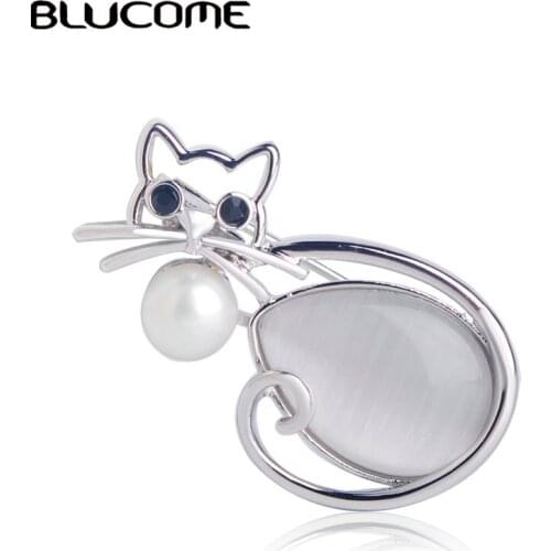 Blucome Cute Kitten Cat Shape Brooch Simulated Pearl Opal Brooches Suit Bag Scarf Hat Pins Jewelry For Women Clothes Accessories