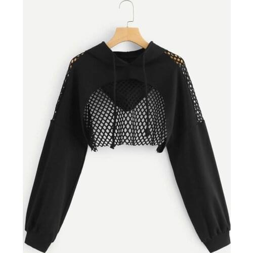 Gothic Cut Out Mesh Women Hoodies Crop Top Hollow Out Solid Insert Cropped Hoodie Sweatshirt Long Sleeve Punk Sweatshirts