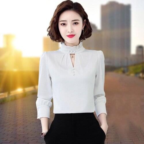 Womens Spring Autumn Style Chiffon Blouse Shirt Womens Solid Button Long Sleeve Turtleneck Temperament Casual Tops DD8378
