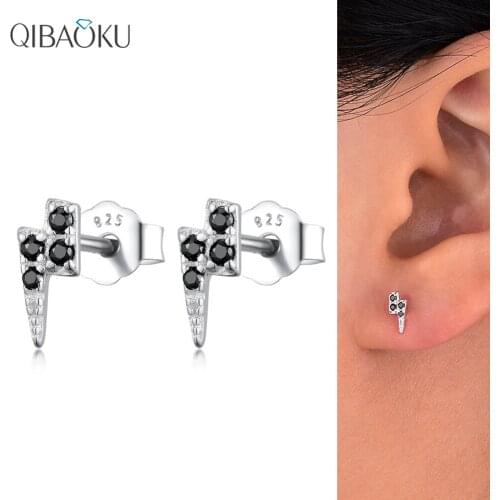 S925 Sterling Silver Stud Earrings for Women Black Zircon Mini Fine Jewelry Lighting Shape Piercing Earrings