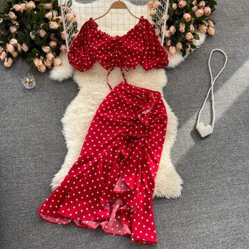 Aibeautyer Tops+Irregular Ruffle Skirt Two Piece Suits Women Summer Korean Dot Vacation Set Elastic Ruched Puff Sleeve Short