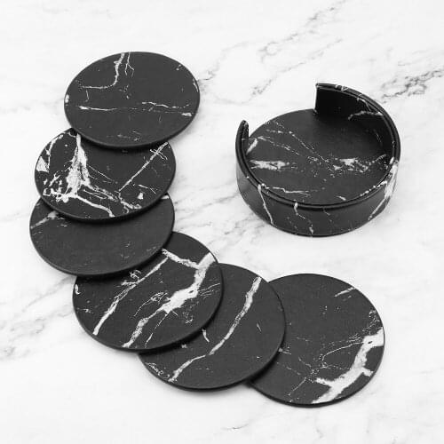 6PCS PU Leather Creative Anti-Slip Heat Insulated Table Placemats Marble Coaster Drink Coffee Tea Cup Mat Home Table Decor