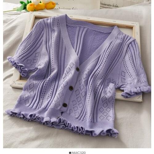 Heliar Women Knitted Button Front Cardigan Top V Neck Frill Hem Hollow Out Sweet Crop Top Tee Knitted Cardigan Shirts Summer