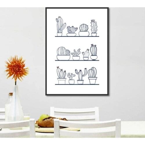 Cactus Potted Canvas Painting Minimalism Sketch Picture and Print Black White Poster for Living Room Decor