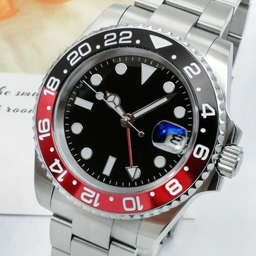 Classic black / Blue sterile dial fashion luxury mens watch sapphire glass 40mm steel shell ceramic GMT mens 100m waterproof