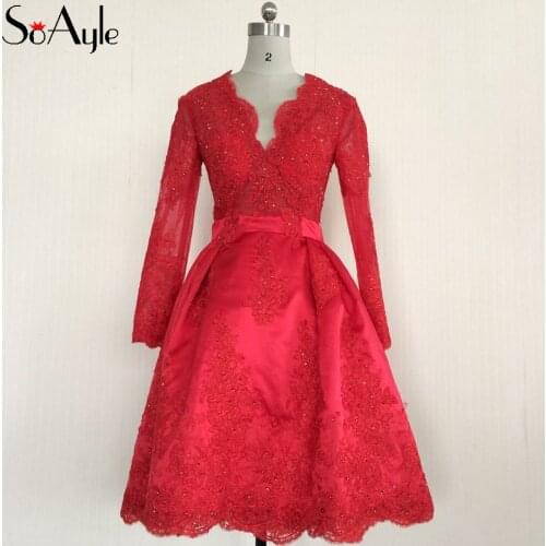 SoAyle Red Cocktail Dresses 2018 Mini Short Dresses Long Sleeves Lace Applique Gowns Plus Size Girls' Party Dress for Graduation