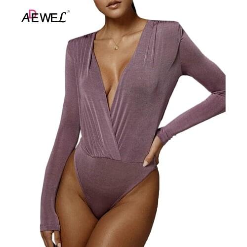 ADEWEL Black Deep V Neck Bodysuit Women Sexy Long Sleeve Bodycon Jumpsuit Solid Elastic Casual Party Spring Bodysuits Body Tops