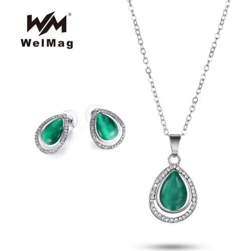 WelMag Charm Fashion Romantic Jewelry Set Water Drop Pendant Green Necklace Earrings For Women Female Gift