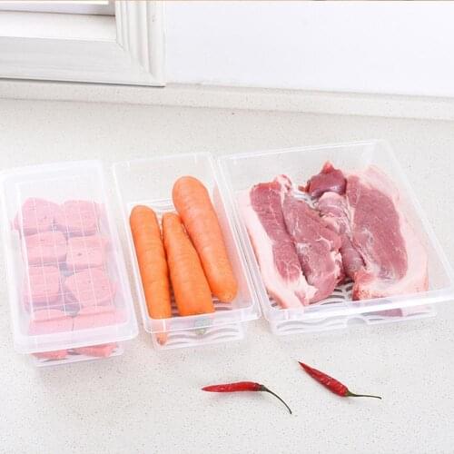 Food Fresh Storage Box Container Rectangle Clear Kitchen Fridge Organizer Case with Drain Plate Tray
