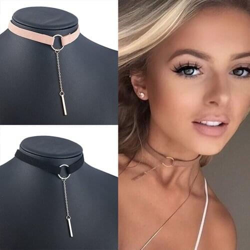 90S Punk New Fashion 4 Colors Leather Choker Necklace Gold Color Geometry With Round Pendant Collar Necklace For Women Girls