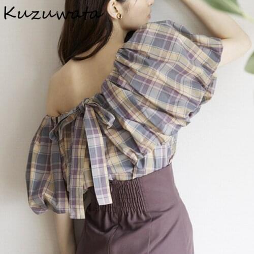 Kuzuwata 2021 Autumn New Women Blusas Japan Style Sweet Shirts Slash Collar Puff Sleeve Back Bandage Mixed Plaid Solid Blouses