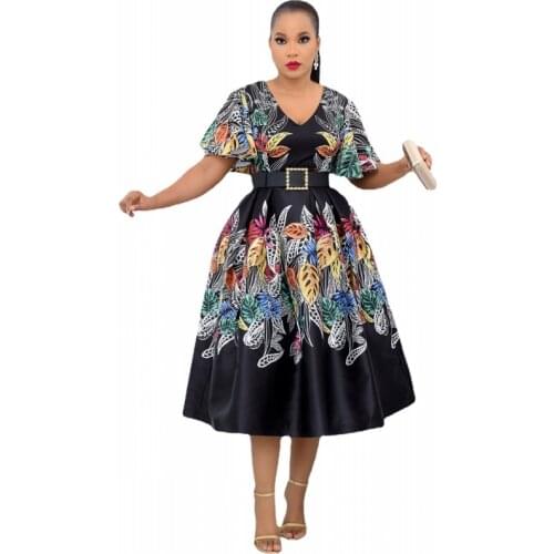 Summer Women Short Sleeves Printed Dresses V-Neck High Waist Midi Elegant Ladies Dressses Fashion African New Vestidos Robes